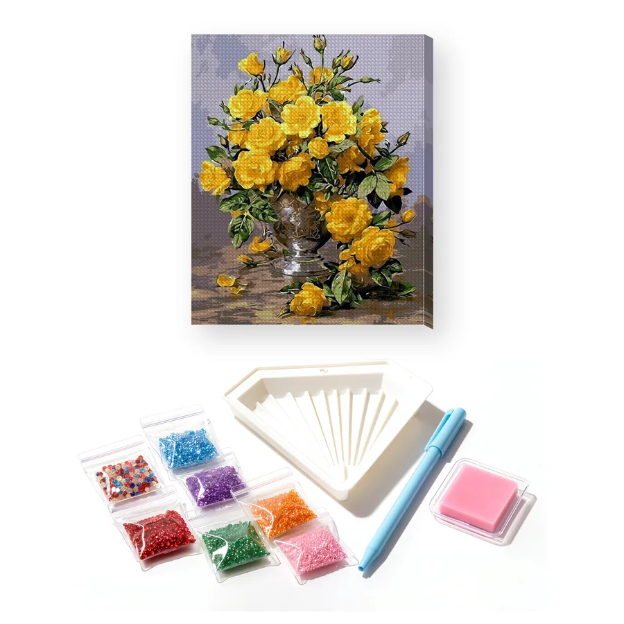 Diamond Painting Bouquet de Roses Jaunes dans un Vase Argenté
