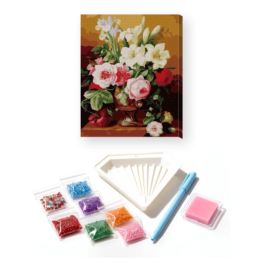 Diamond Painting Roses Roses et Lys Blancs dans un Vase Bronze