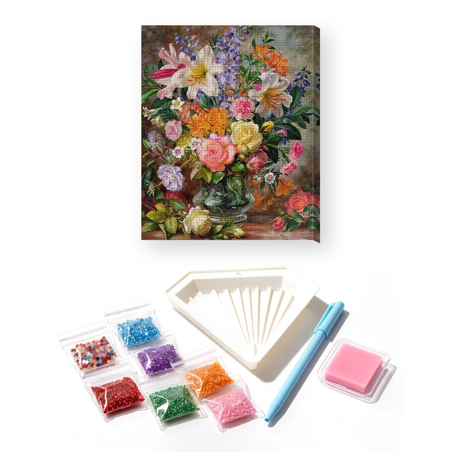 Diamond Painting Bouquet Majestueux Lys et Roses dans un Vase en Cristal