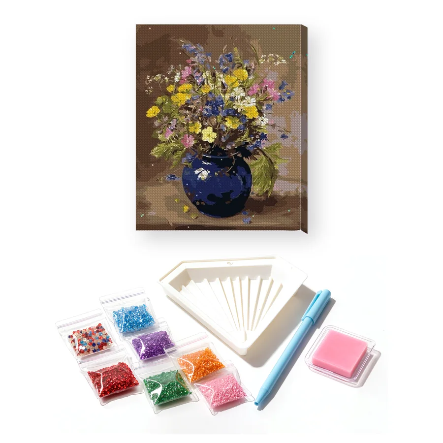 Diamond Painting Bouquet Champêtre dans un Vase en Céramique Bleue
