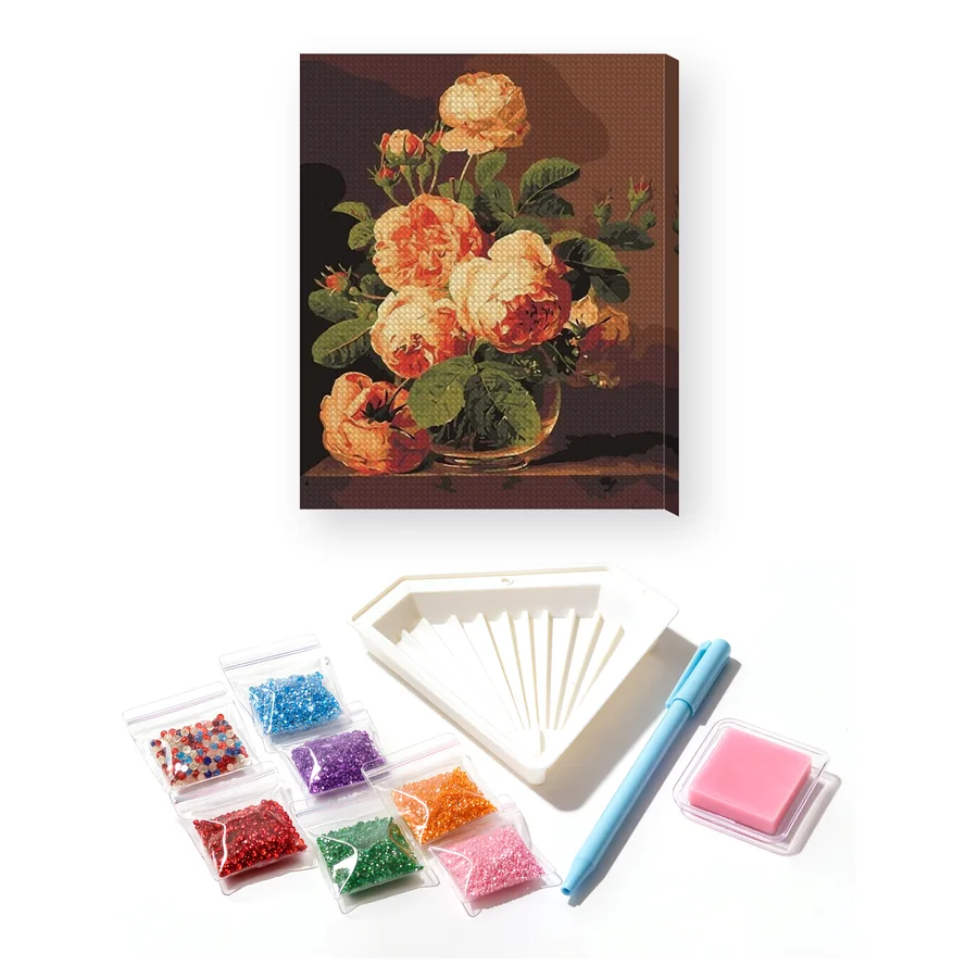 Diamond Painting Roses Abricot dans un Vase en Verre
