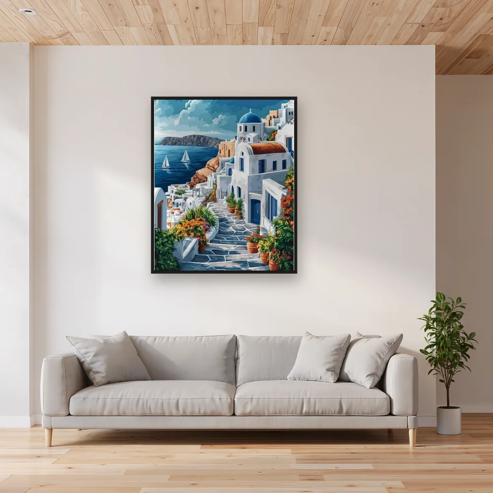 Santorini, Gassen des Lichts Diamond Painting – Wohnzimmer