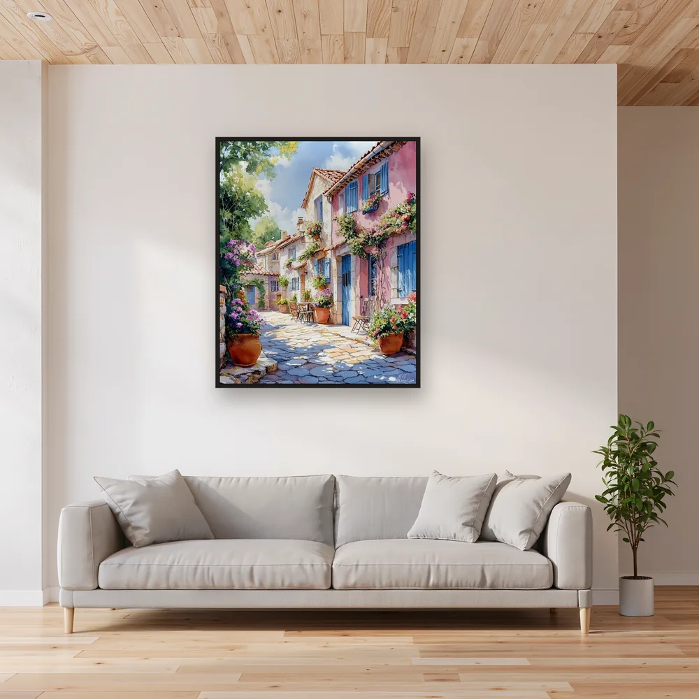 Rosa Haus mit azurblauen Läden Diamond Painting – Wohnzimmer