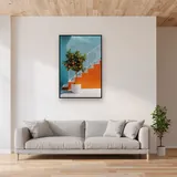 Oranjeboom in pot op blauw terras Diamond Painting – Woonkamer