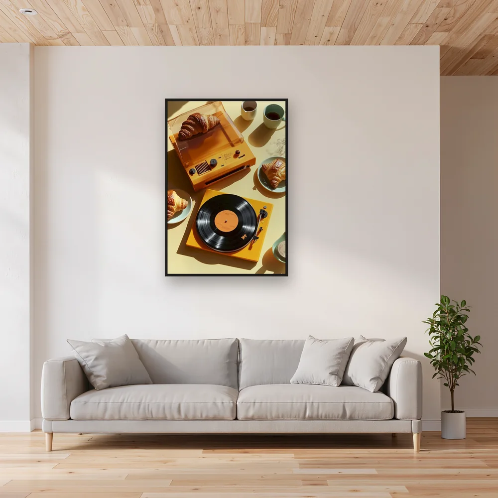 Vintage ontbijt met gele platenspeler en croissants - Diamond Painting – Woonkamer