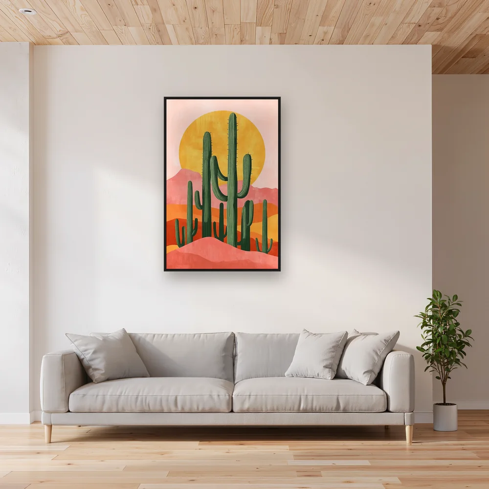 Saguaro-cactuswoestijn en roze duinen Diamond Painting – Woonkamer