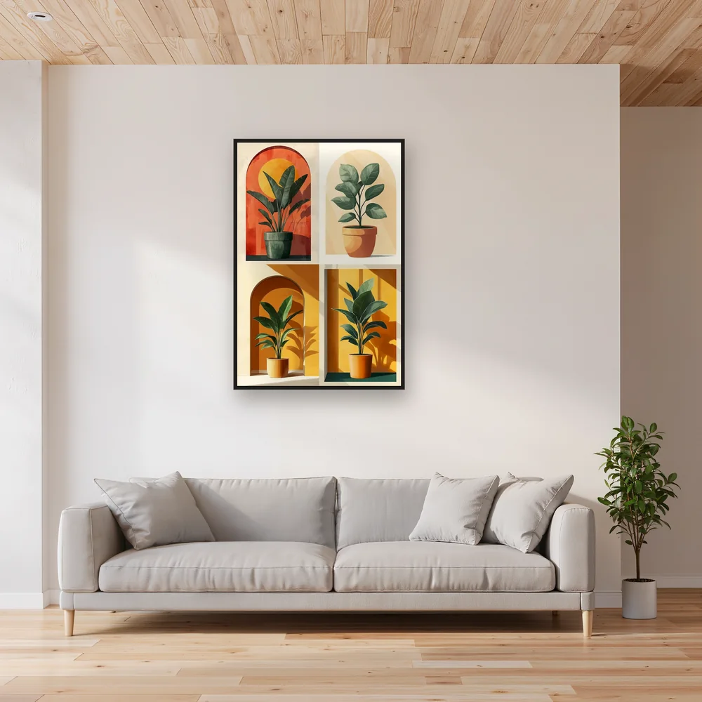 Collage aus vier Grünpflanzen in Töpfen Diamond Painting – Wohnzimmer