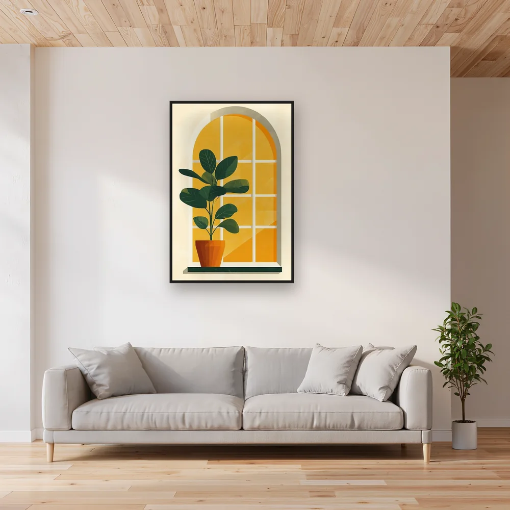 Minimalistische groene plant voor het raam Diamond Painting – Woonkamer