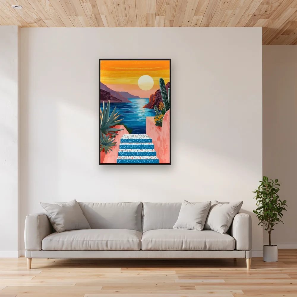 Scala di piastrelle blu al tramonto sul mare Diamond Painting – Soggiorno