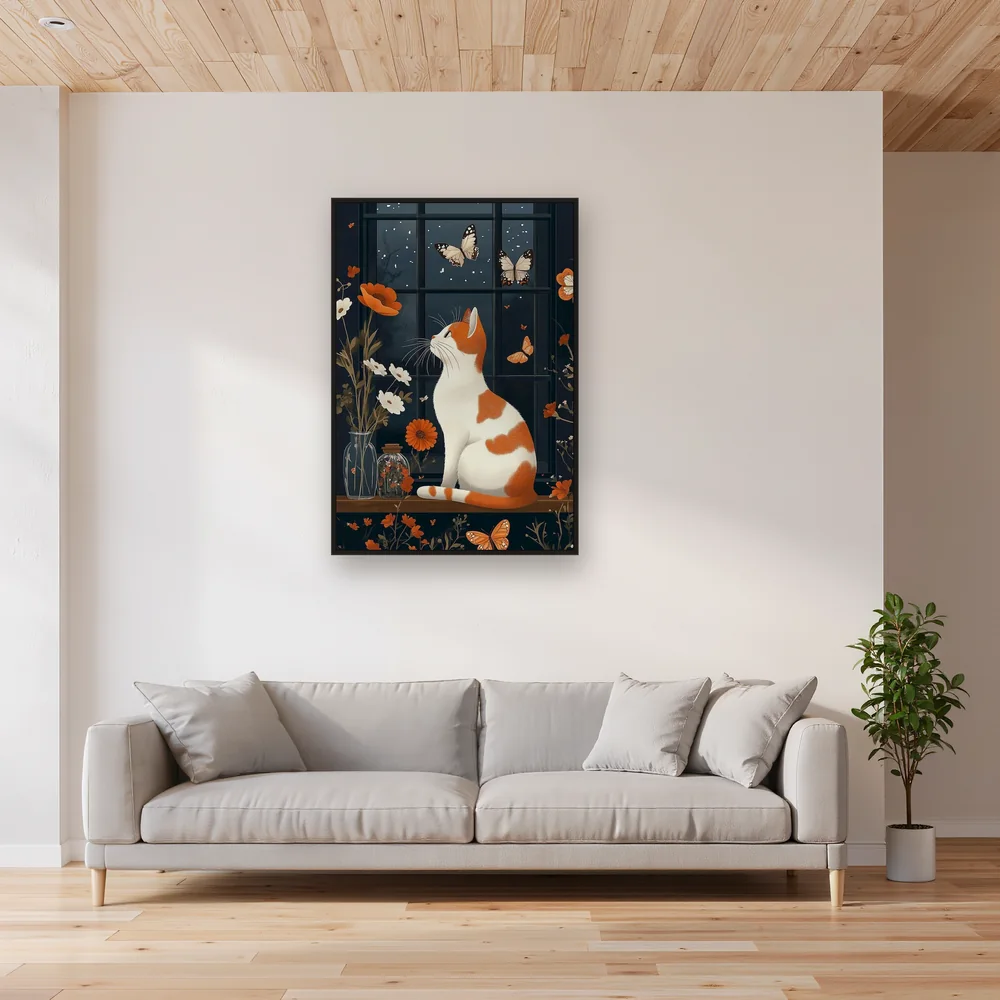 Weißer und rötlicher Kater beobachtet die Nacht am Fenster – Diamond Painting – Wohnzimmer