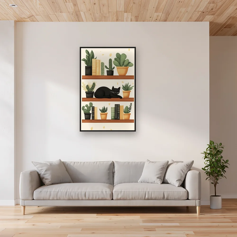 Gatto nero addormentato su mensola di libri e cactus Diamond Painting – Soggiorno