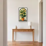 Pianta d'appartamento verde davanti alla finestra ad arco Diamond Painting – Ingresso