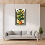 Pianta d'appartamento verde davanti alla finestra ad arco Diamond Painting – Soggiorno