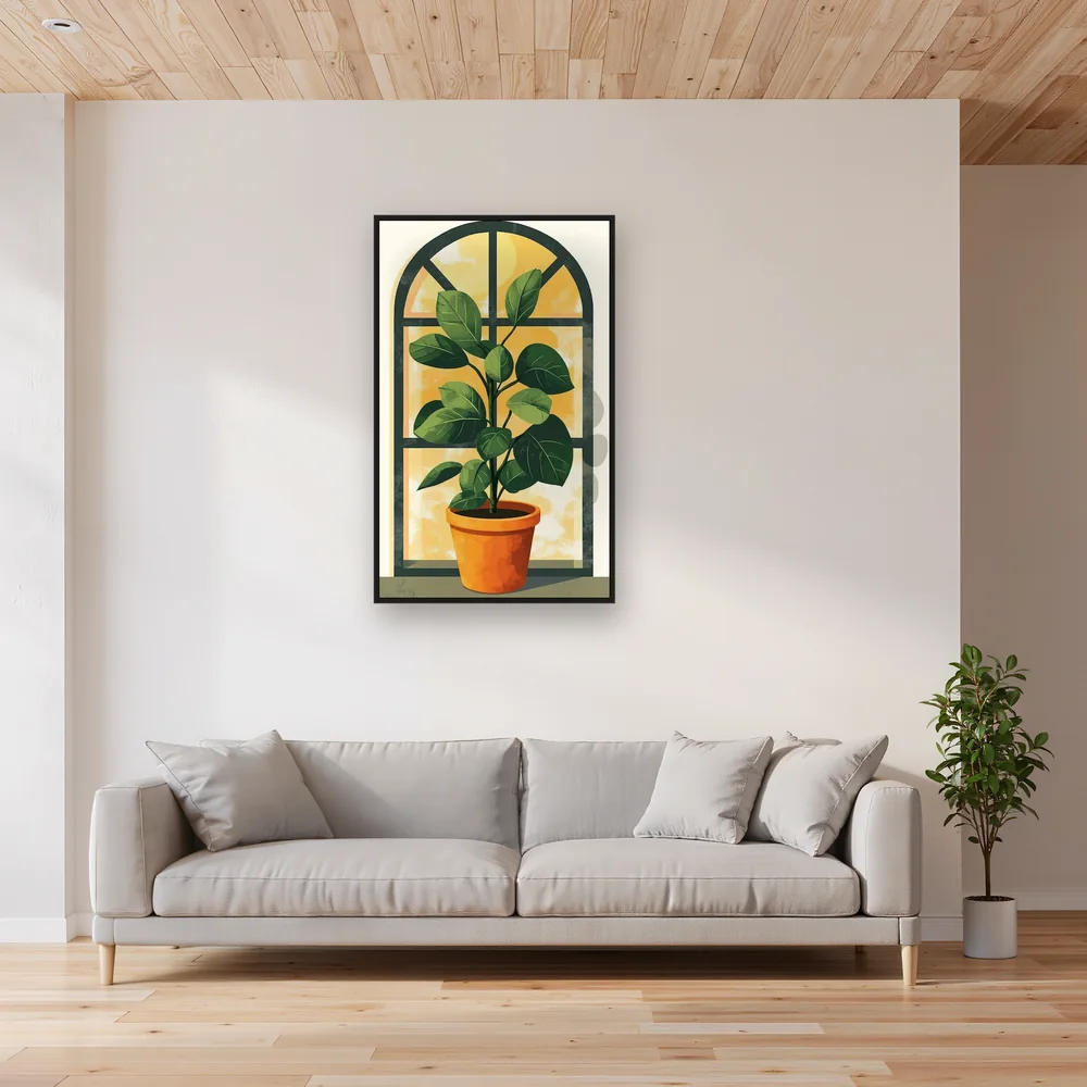 Pianta d'appartamento verde davanti alla finestra ad arco Diamond Painting – Soggiorno