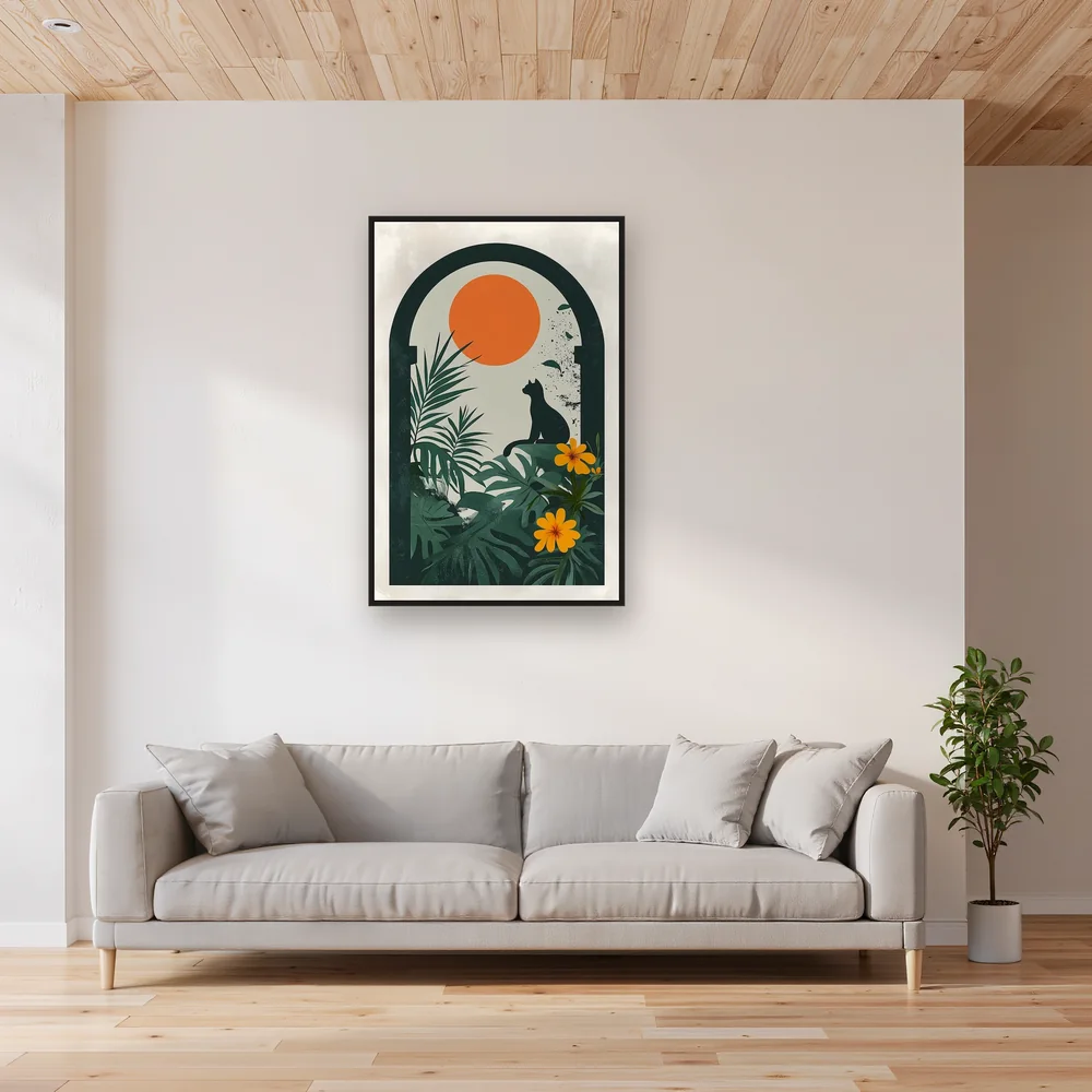 Sagoma di gatto nero in un arco tropicale - Diamond Painting – Soggiorno