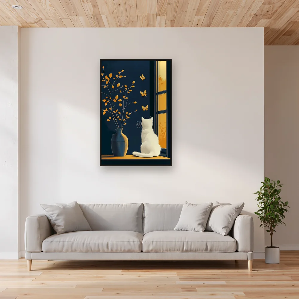 Gatto bianco alla finestra davanti al tramonto - Diamond Painting – Soggiorno
