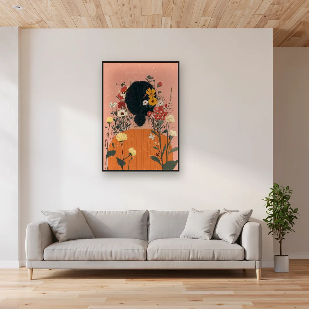 Donna di spalle con maglione arancione e fiori tra i capelli Diamond Painting – Soggiorno
