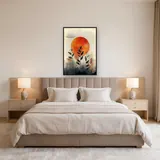 Fijne bladeren onder abstracte oranje zon - Diamond Painting – Slaapkamer