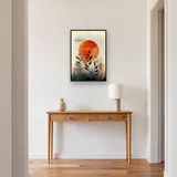Fijne bladeren onder abstracte oranje zon - Diamond Painting – Hal