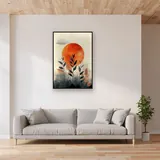 Fijne bladeren onder abstracte oranje zon - Diamond Painting – Woonkamer