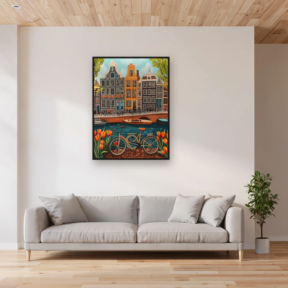 Oranje fiets aan de Amsterdamse grachten Diamond Painting – Woonkamer