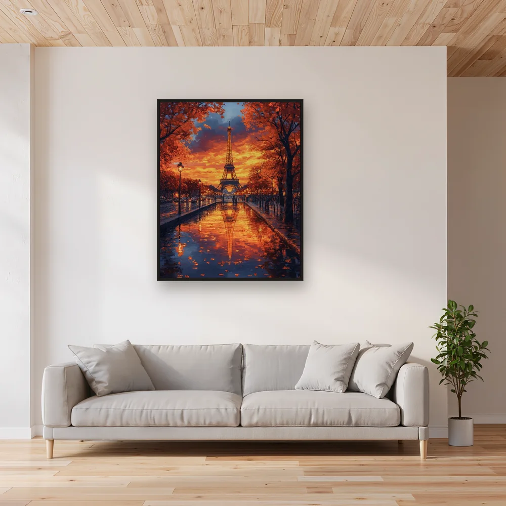 Riflesso della Torre Eiffel sotto il cielo fiammeggiante d'autunno Diamond Painting – Soggiorno