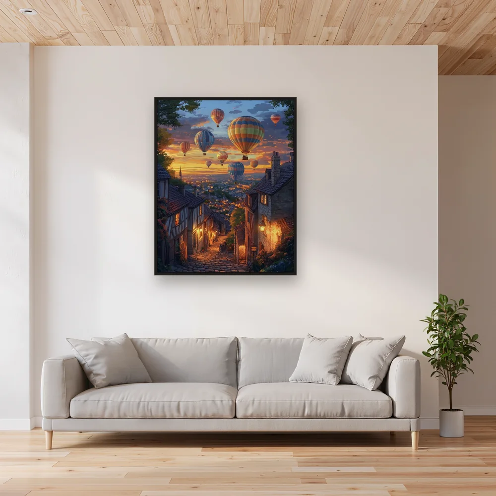 Mongolfiere su un borgo medievale al tramonto - Diamond Painting – Soggiorno