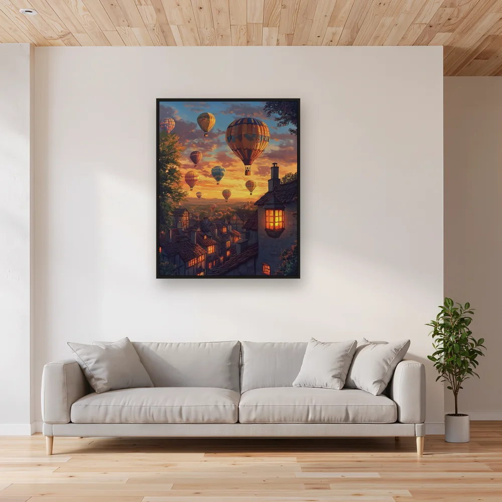 Volo di mongolfiere sopra i tetti di un vecchio villaggio Diamond Painting – Soggiorno