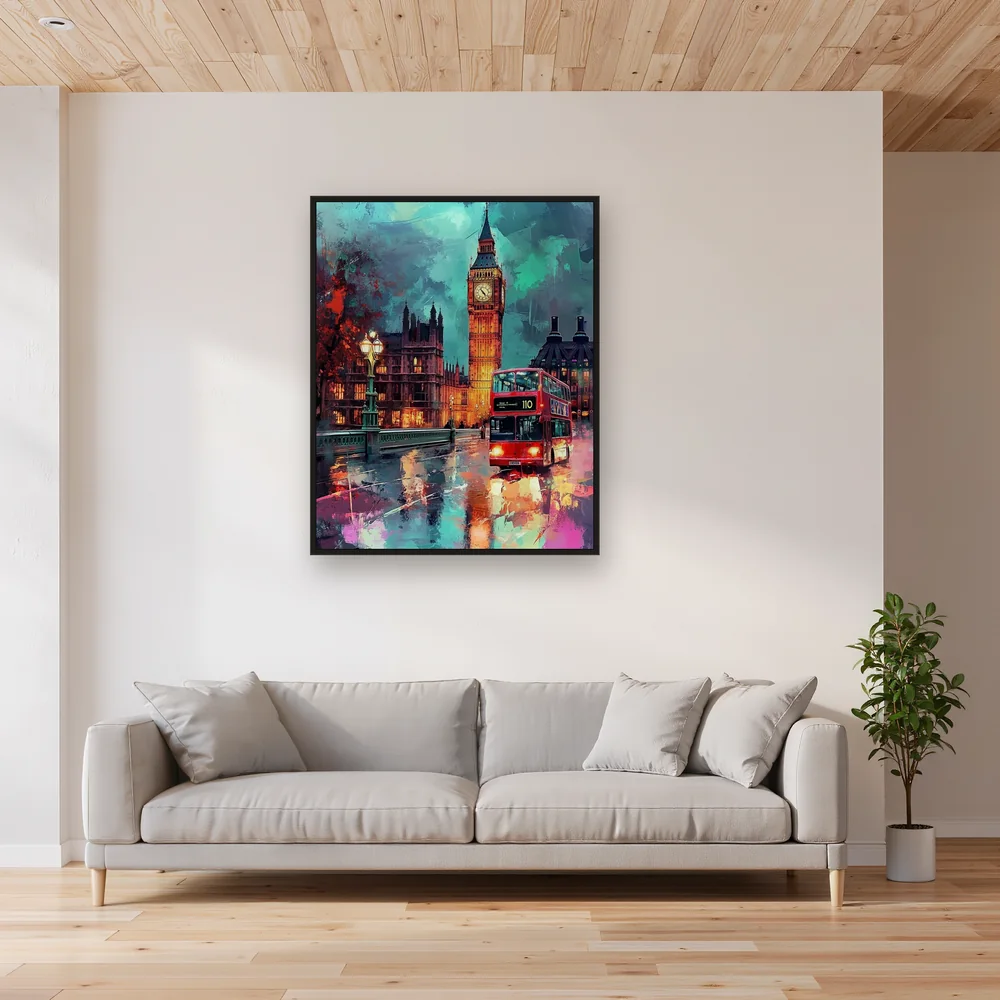 Ponte di Westminster, Big Ben e autobus rosso al crepuscolo - Diamond Painting – Soggiorno