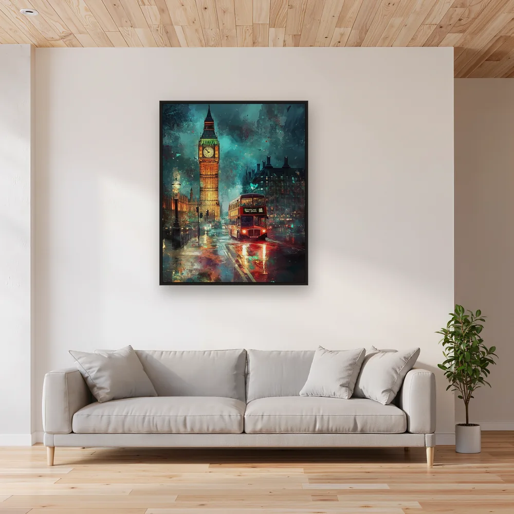 Big Ben illuminato e bus a due piani rosso notte Diamond Painting – Soggiorno