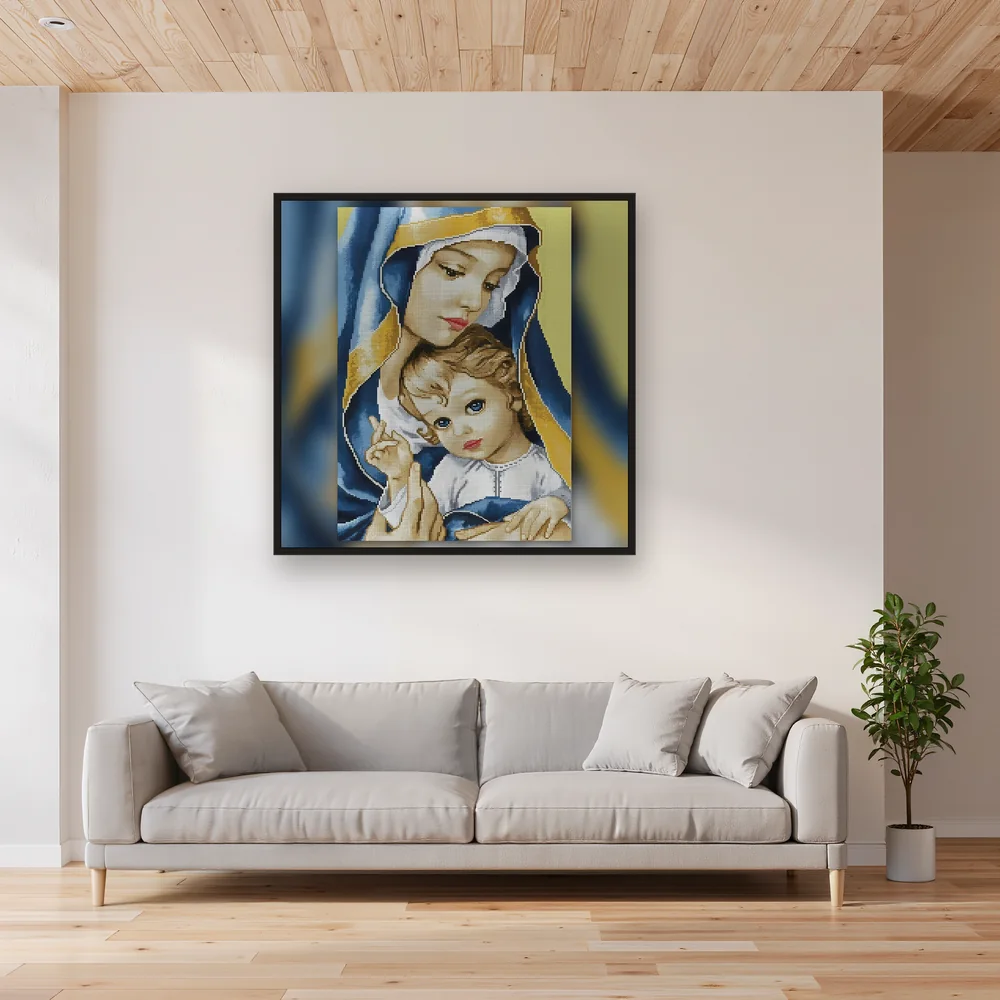 Virgin Mary in Golden Veil and Baby Jesus – Living room