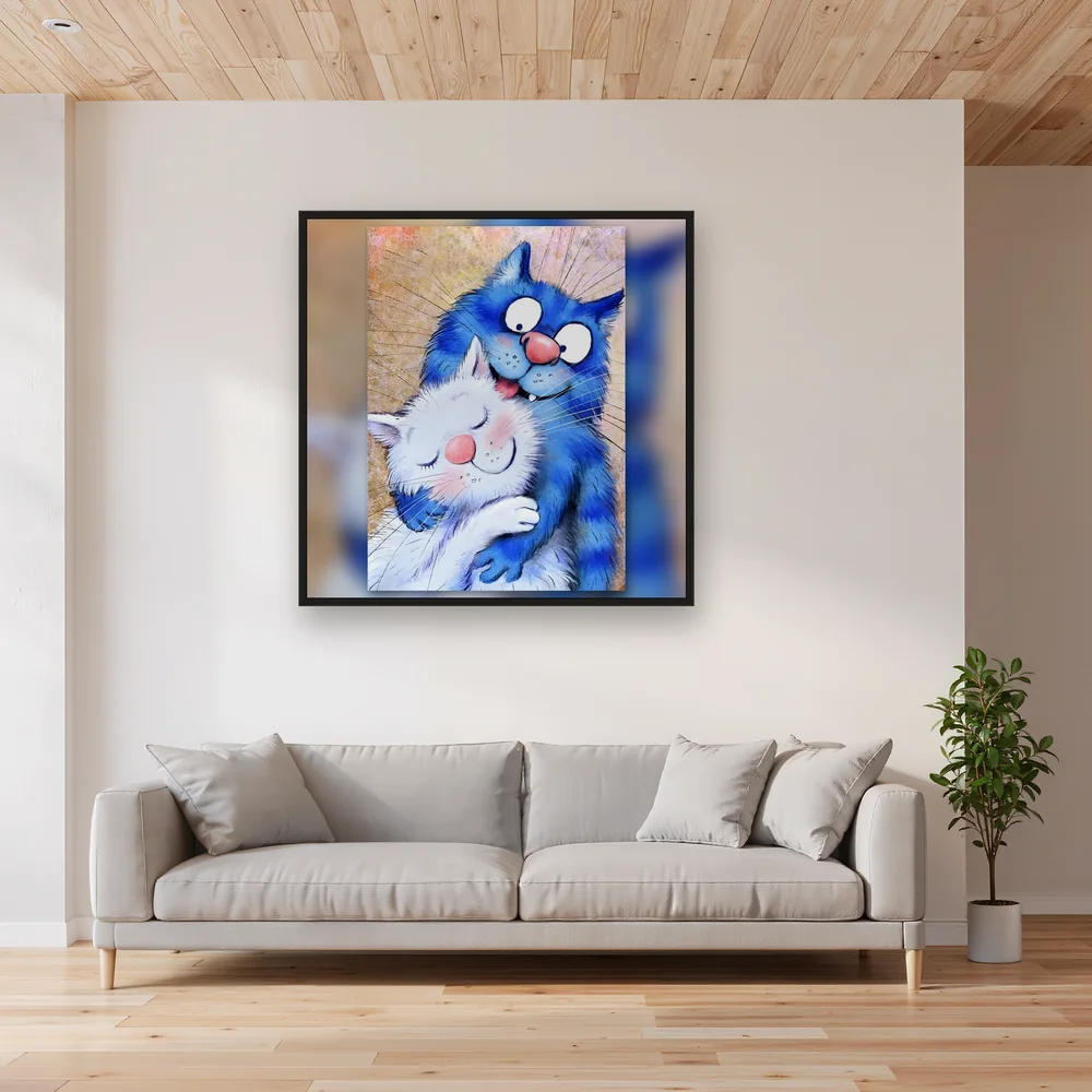Tendresse Féline : Chats Bleu et Blanc enlacés – Salon