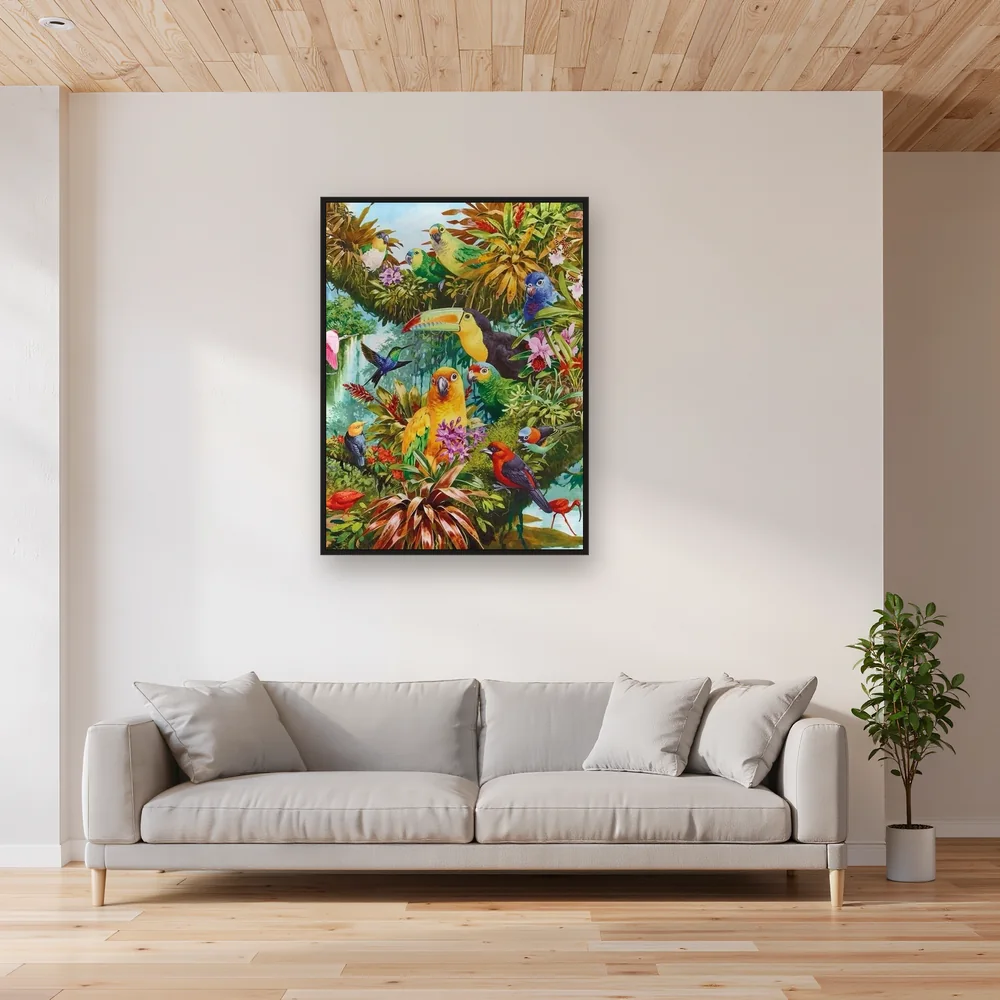 Paradis Tropical : Oiseaux Exotiques et Cascade – Salon