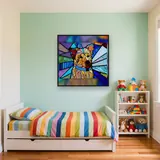 Chien Souriant en Vitrail Bleu et Jaune – Enfant