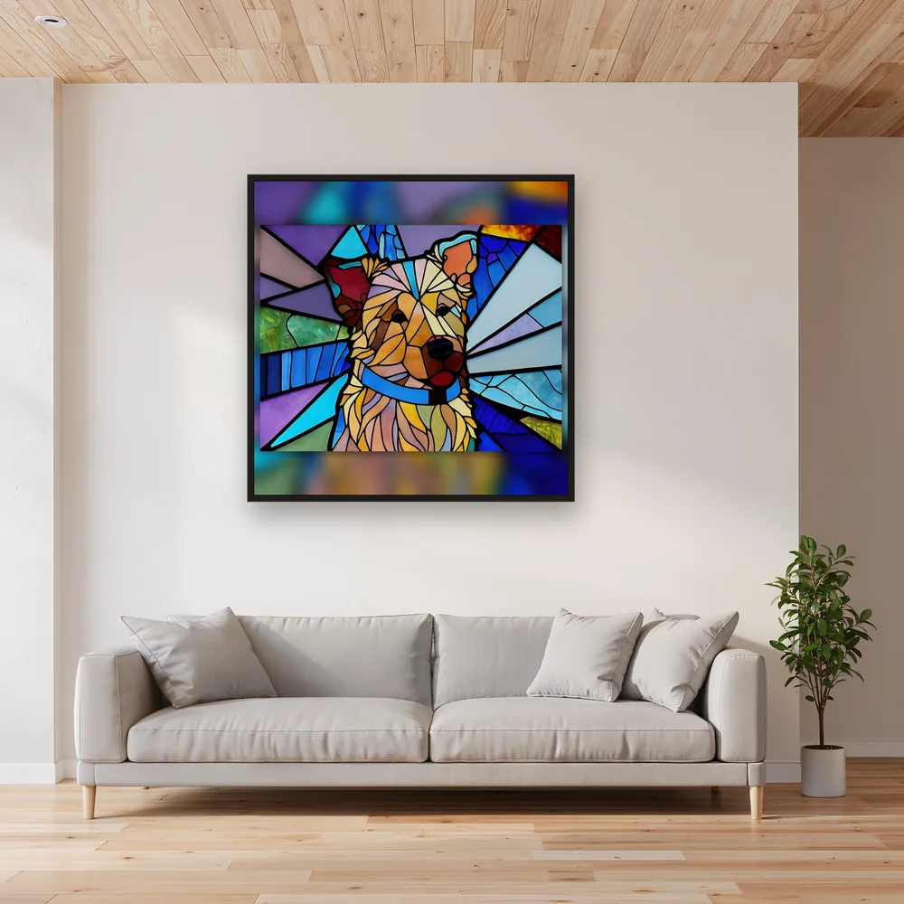 Chien Souriant en Vitrail Bleu et Jaune – Salon