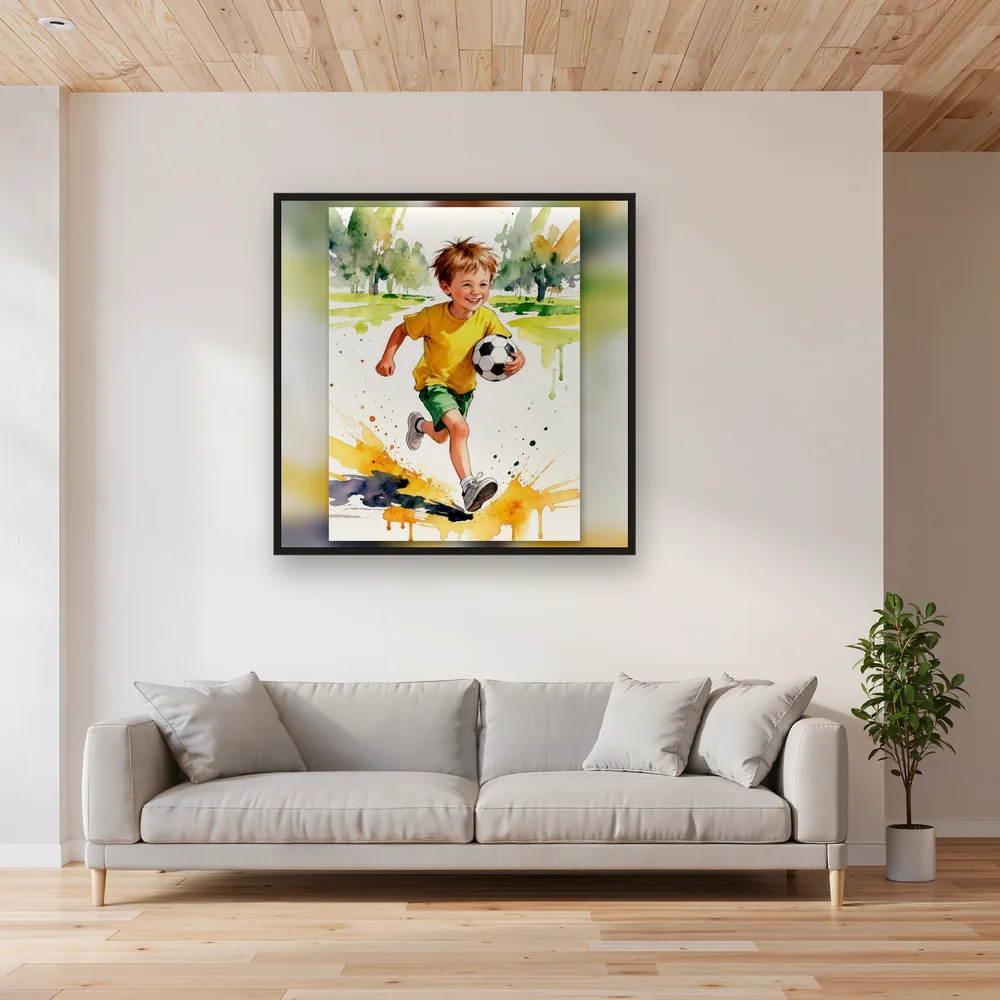 Junge mit Fußball im Aquarellstil – Wohnzimmer