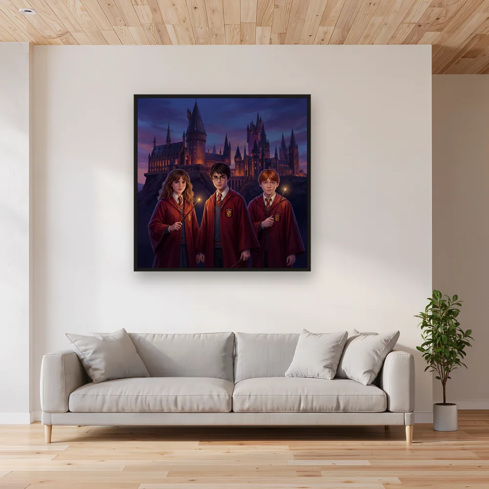 Harry Potter, Hermine Granger und Ron Weasley vor Hogwarts – Wohnzimmer