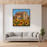 Mas provençal et tournesols sous le ciel d'été – mis en situation dans un salon
