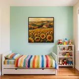 Toskanisches Sonnenblumenfeld mit Bauernhaus und Zypressen – Kinderzimmer