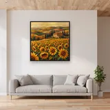 Toskanisches Sonnenblumenfeld mit Bauernhaus und Zypressen – im Wohnzimmer