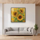 Trois tournesols en aquarelle douce et lumineuse – mis en situation dans un salon