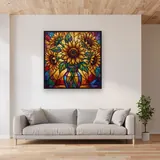 Bouquet de tournesols style vitrail aux couleurs éclatantes – mis en situation dans un salon