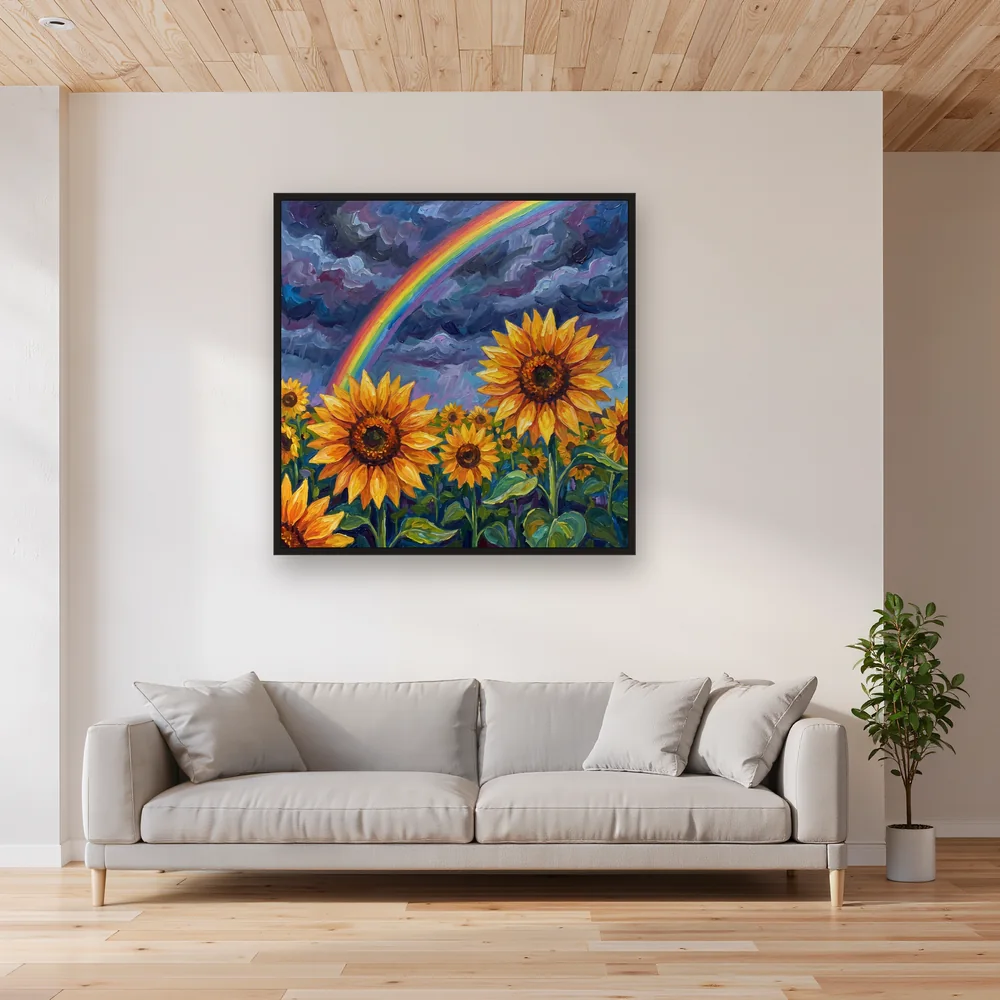 Zonnebloemen Onder Regenboog Na De Storm – Woonkamer