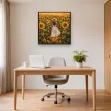 Femme en robe blanche dans un champ de tournesols – Bureau