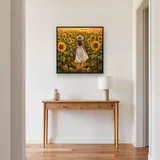 Femme en robe blanche dans un champ de tournesols – Entrée