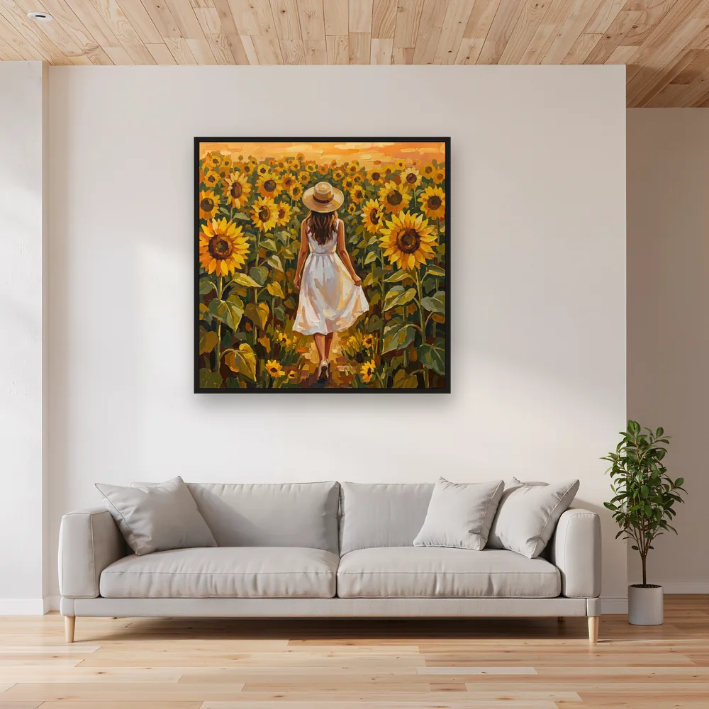Femme en robe blanche dans un champ de tournesols – Salon