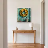 Couronne de tournesols sur porte turquoise – Entrée