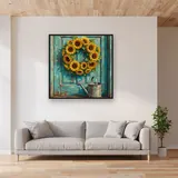 Couronne de tournesols sur porte turquoise – mis en situation dans un salon