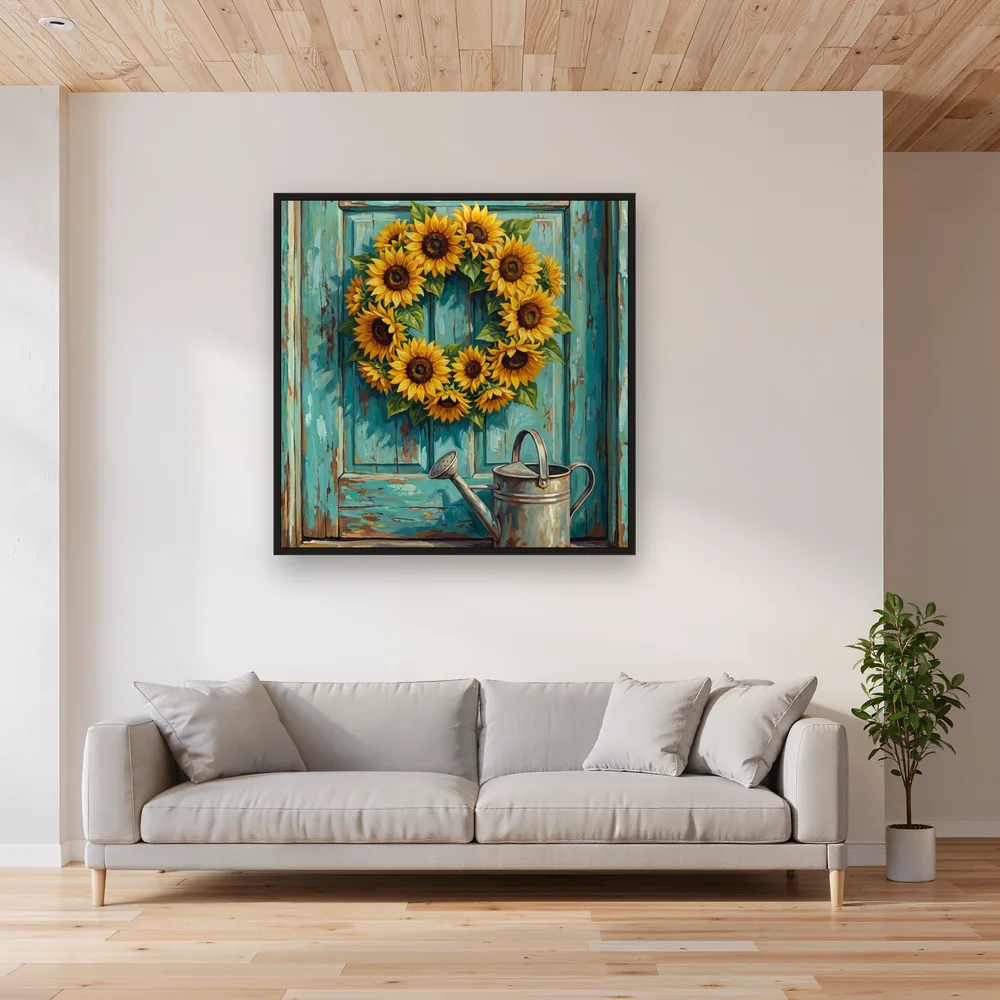 Couronne de tournesols sur porte turquoise – Salon