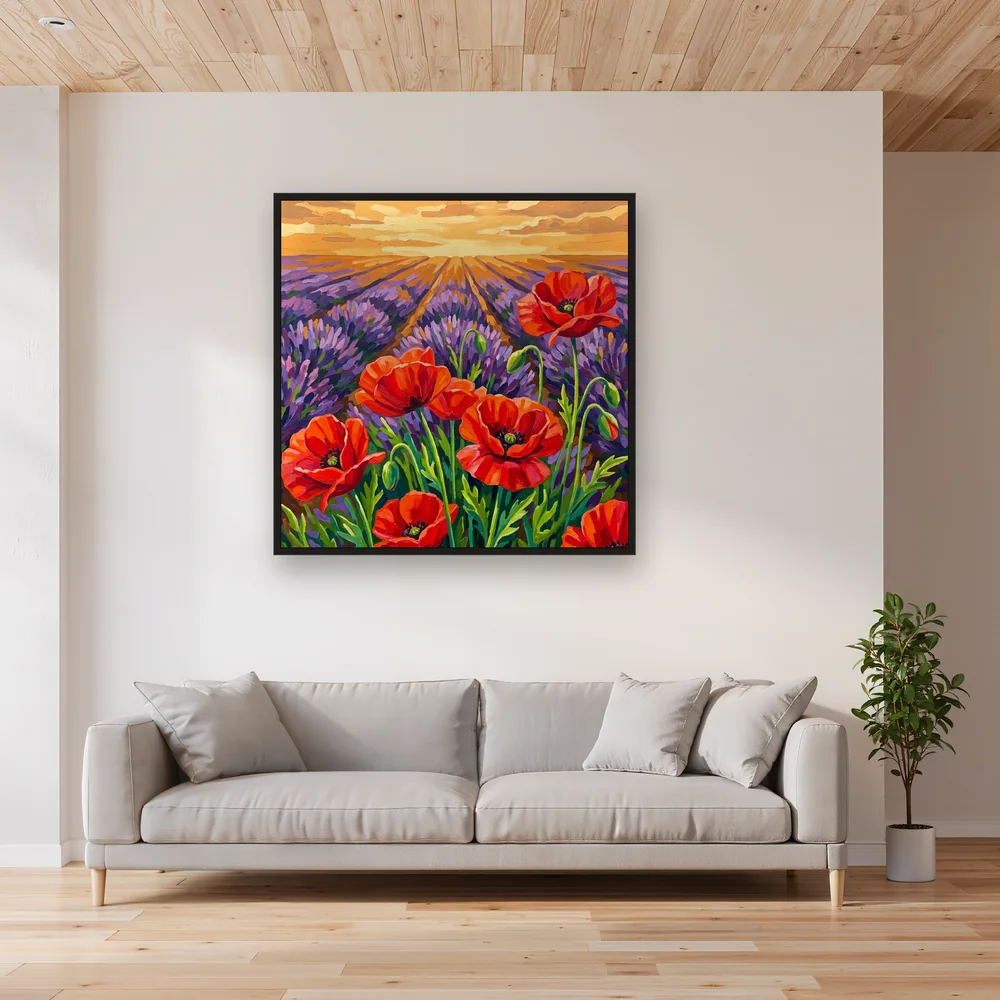 Coquelicots rouges et lavande violette à l'heure dorée – Salon